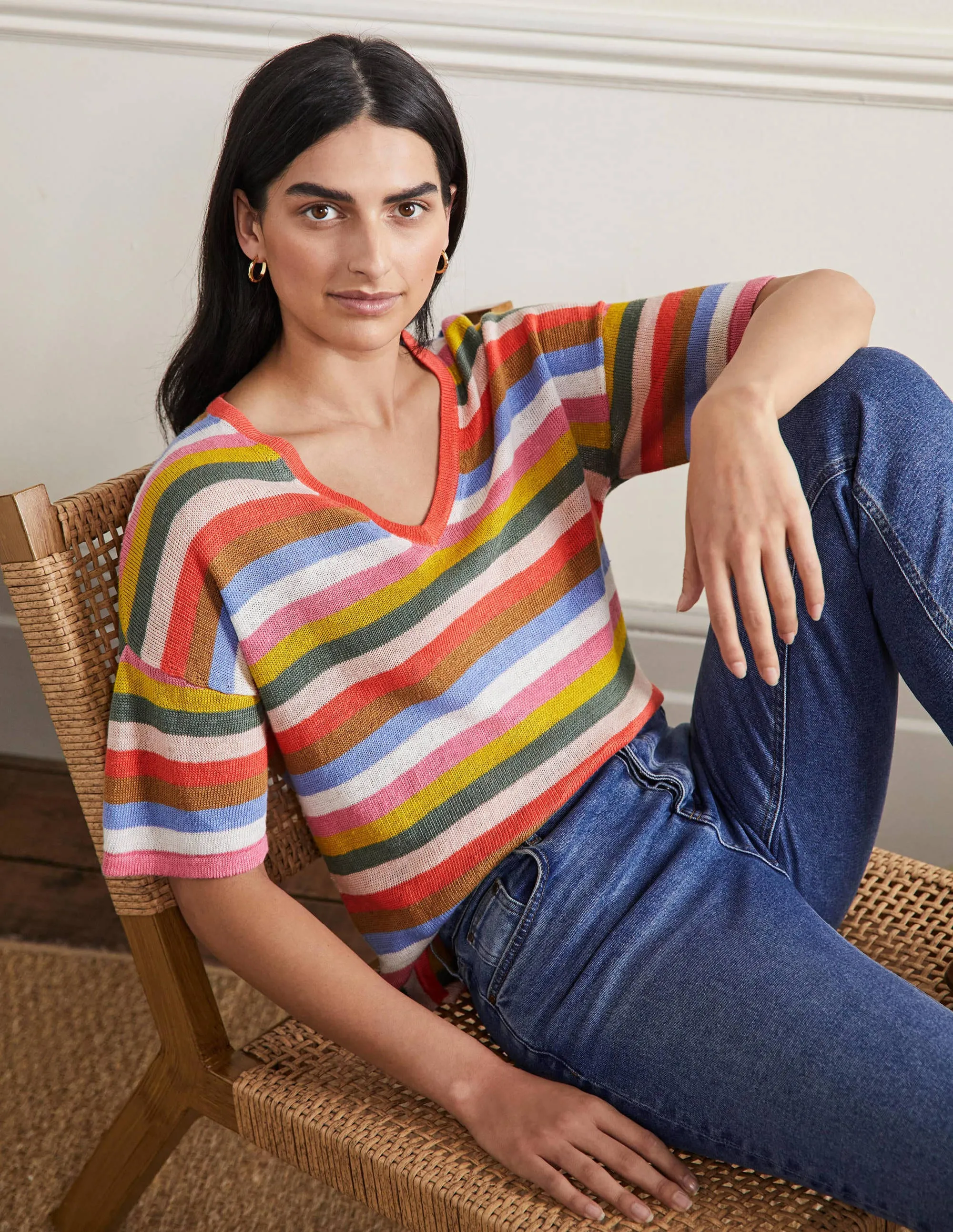 Linen Knitted T-shirt-Hot Coral Rainbow