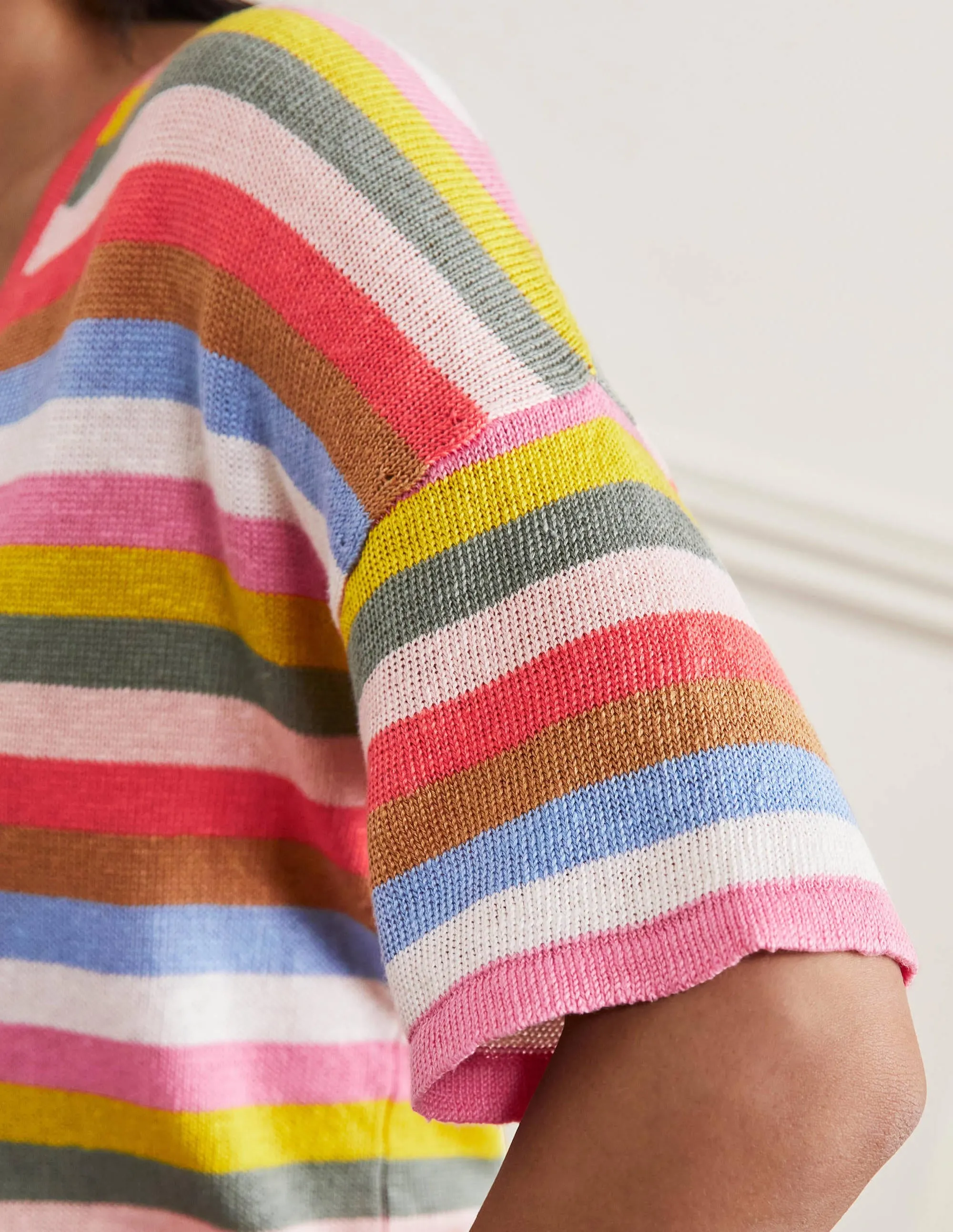 Linen Knitted T-shirt-Hot Coral Rainbow