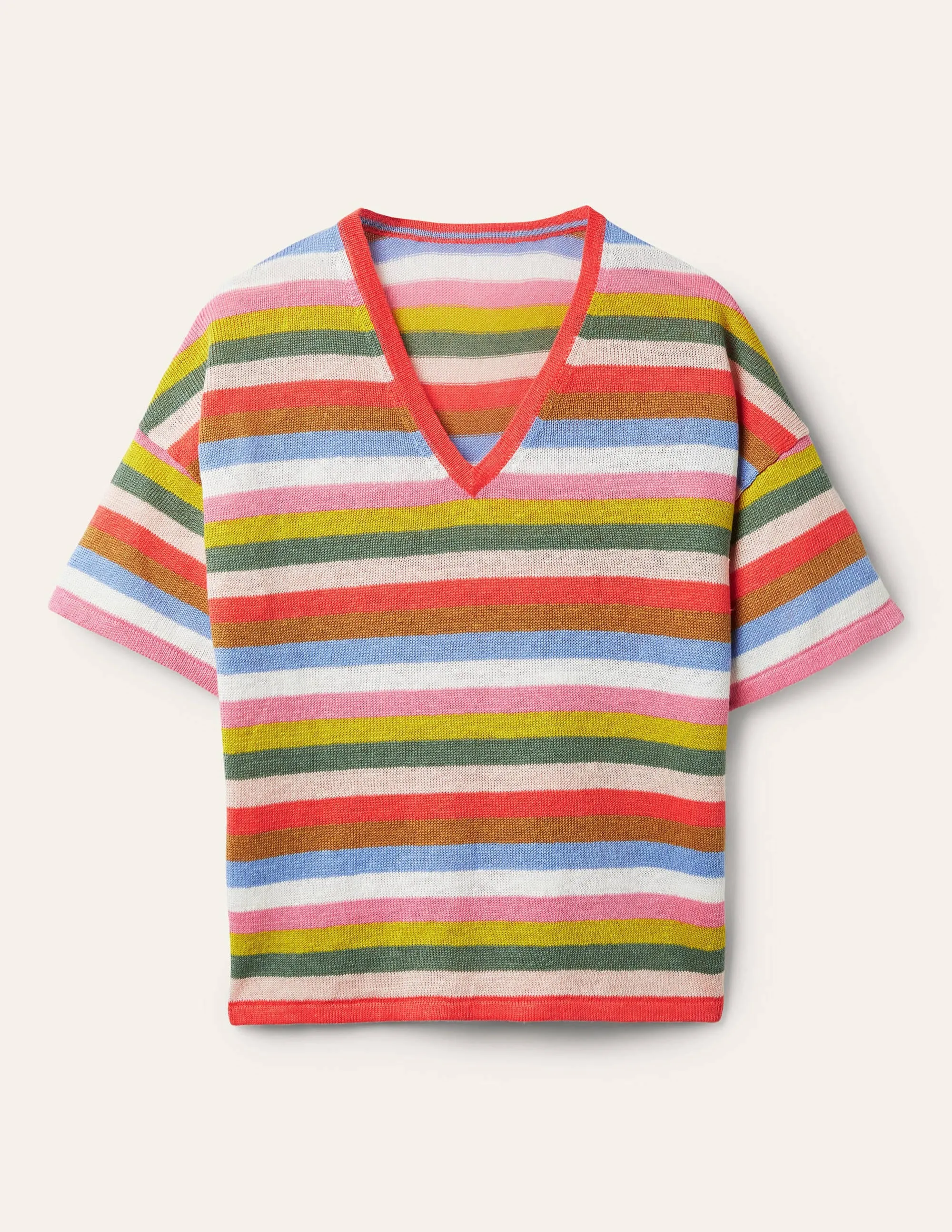 Linen Knitted T-shirt-Hot Coral Rainbow