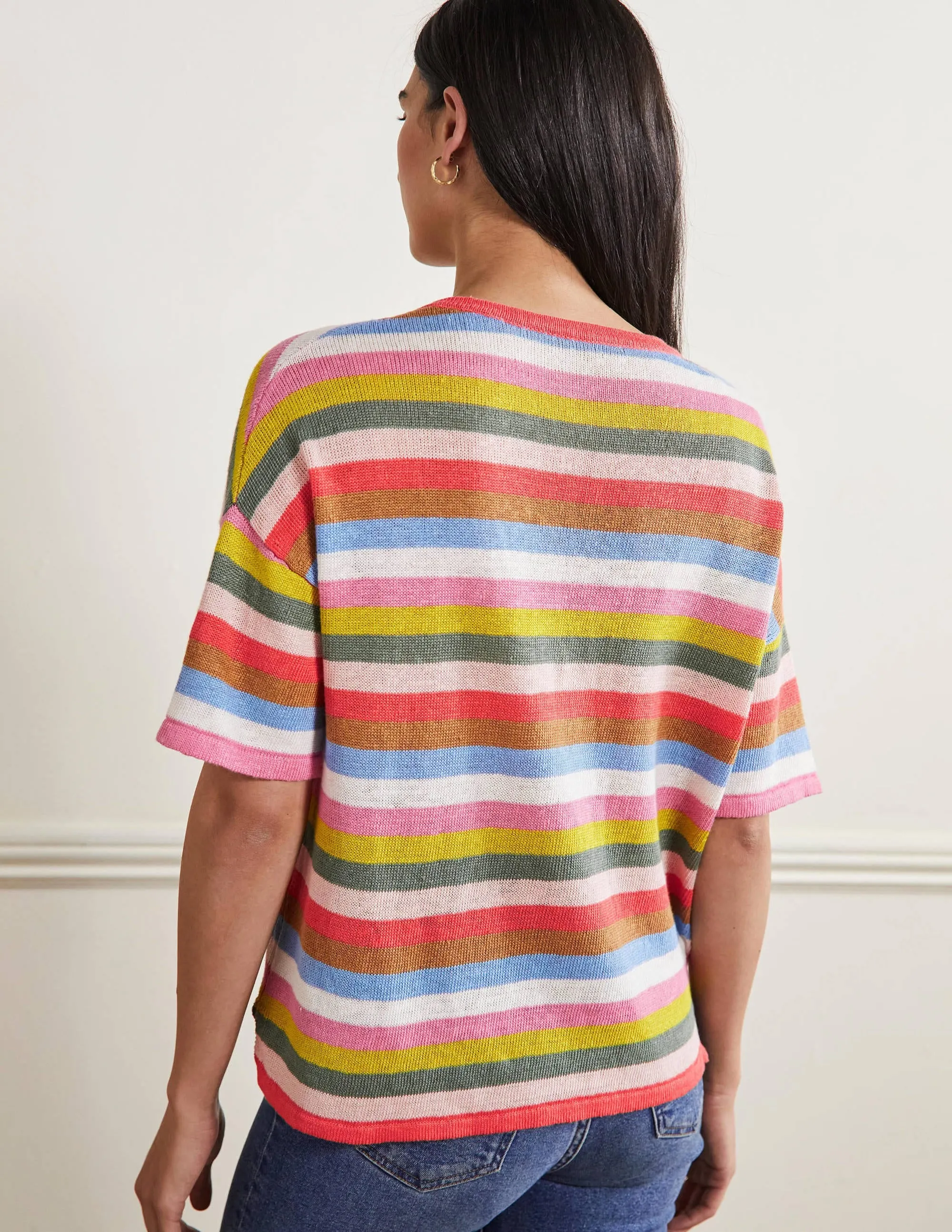 Linen Knitted T-shirt-Hot Coral Rainbow