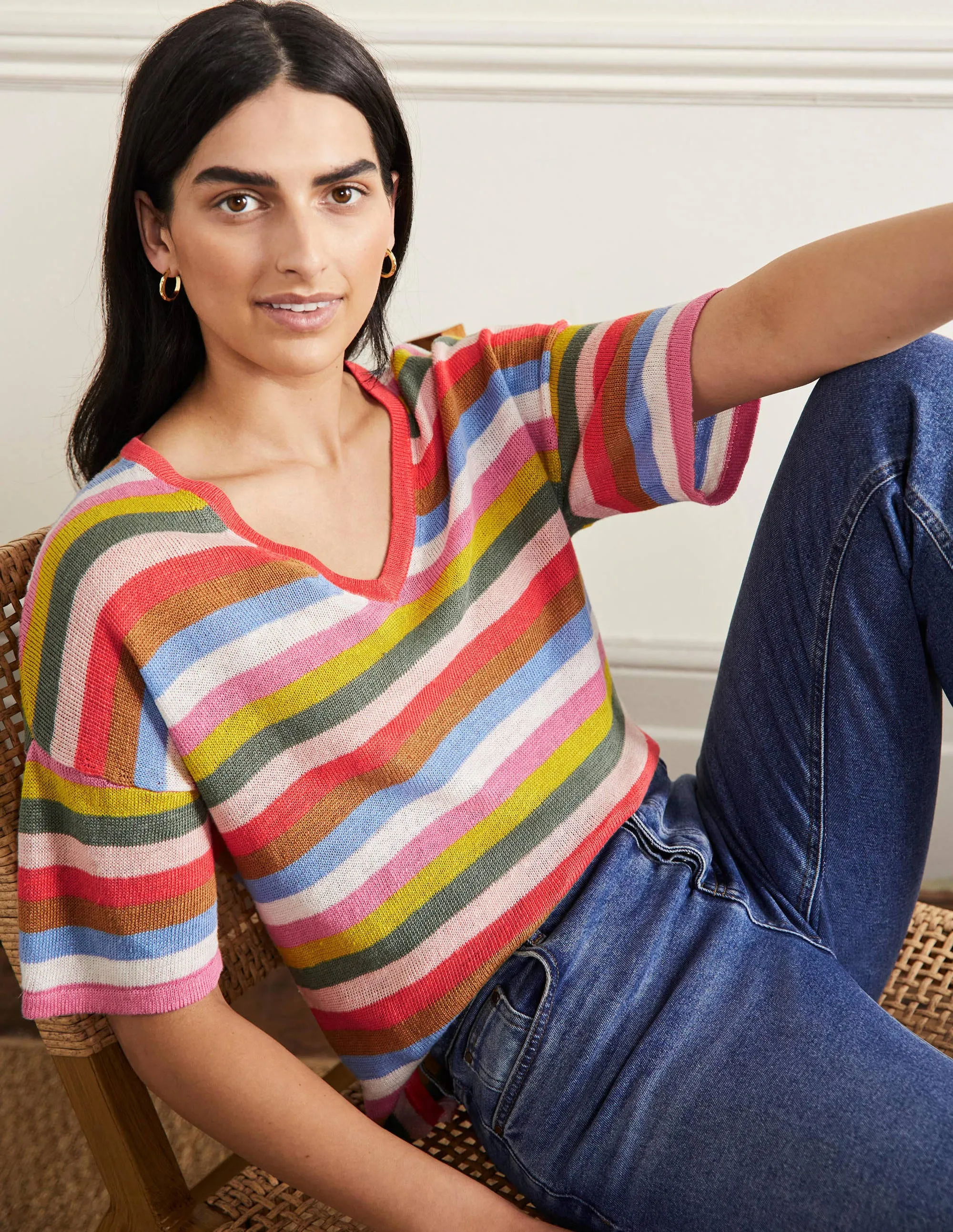 Linen Knitted T-shirt-Hot Coral Rainbow