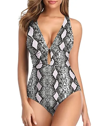 Low Back Sexy Lace Up One Piece Swimsuit Criss Cross Bathing Suit-Light Pink Snake Print