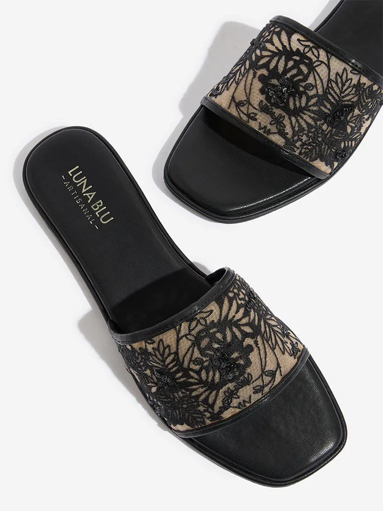 LUNA BLU Black Floral Embroidered Single Band Slides