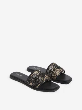LUNA BLU Black Floral Embroidered Single Band Slides