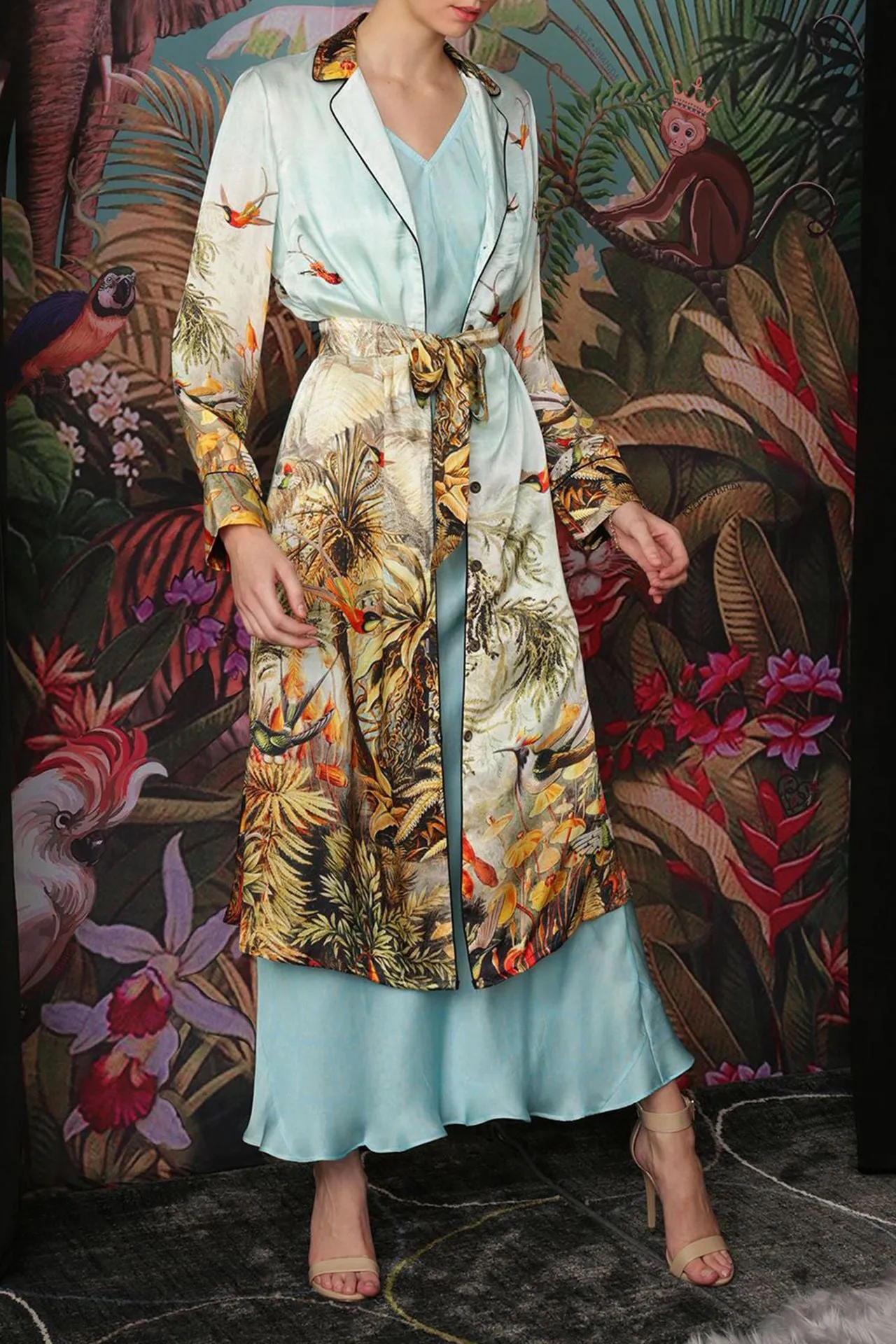 Nature Print Silk Long Robe Jacket