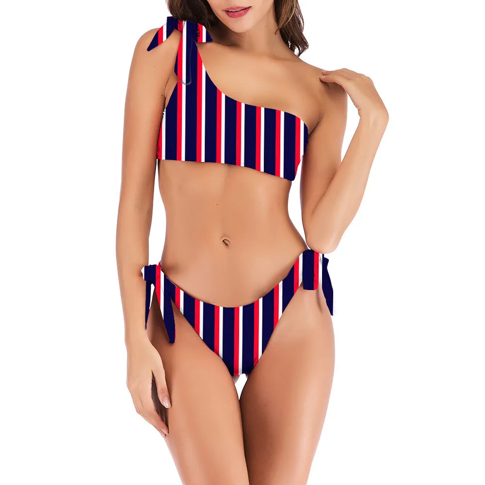 One Shoulder Stripe Strappy Two Pieces Bikini