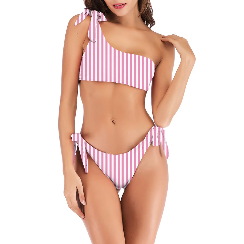One Shoulder Stripe Strappy Two Pieces Bikini