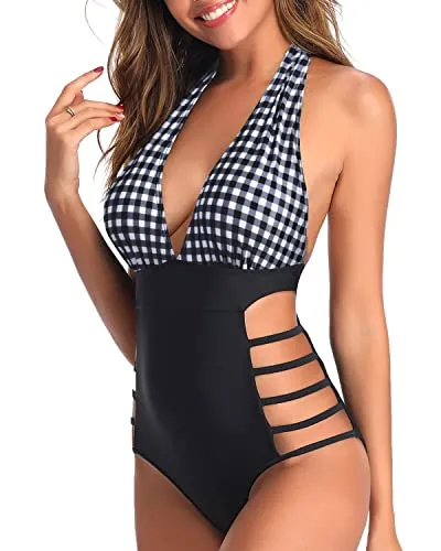 Open Back Cutout Sexy One Piece Swimsuits-Black And White Checkered