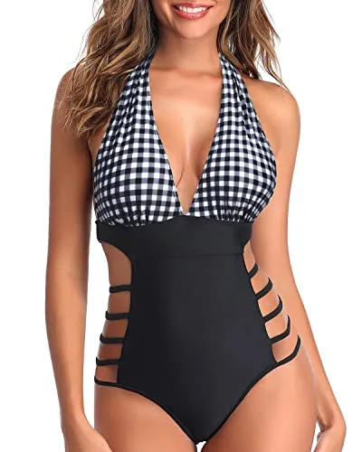 Open Back Cutout Sexy One Piece Swimsuits-Black And White Checkered