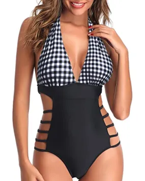 Open Back Cutout Sexy One Piece Swimsuits-Black And White Checkered