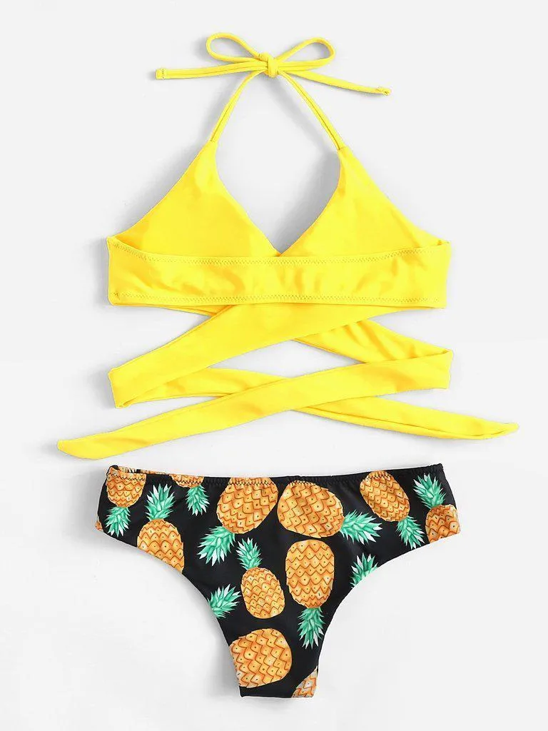 Pineapple Print Wrap Self Tie Bikini Set