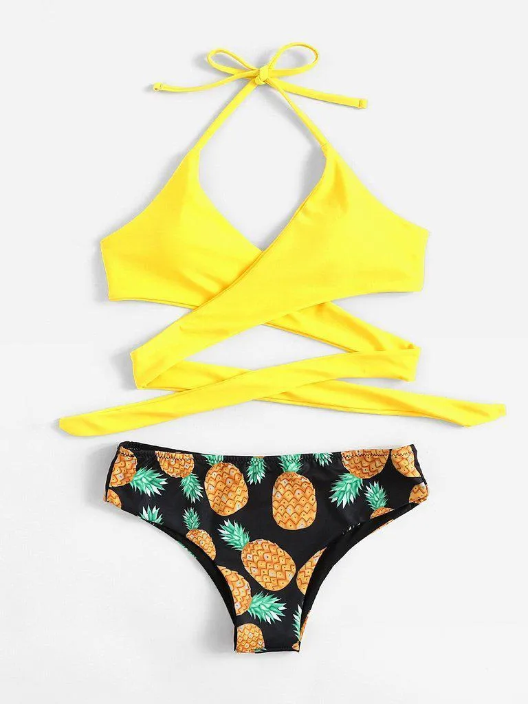 Pineapple Print Wrap Self Tie Bikini Set