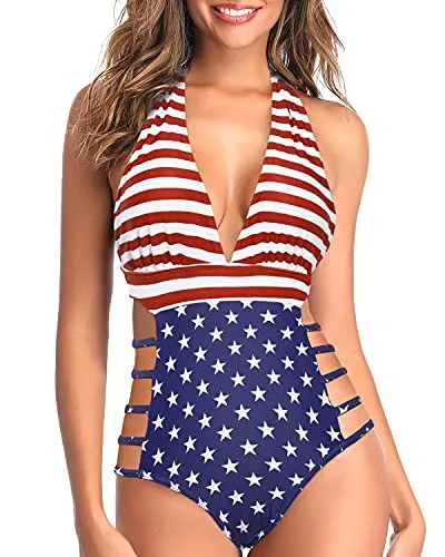 Plunge V Neck Halter Sexy One Piece Swimsuits-National Flag
