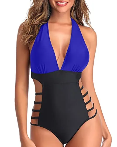 Plunge V Neck One Piece Swimsuits for Women High Leg Cutout Swimwear