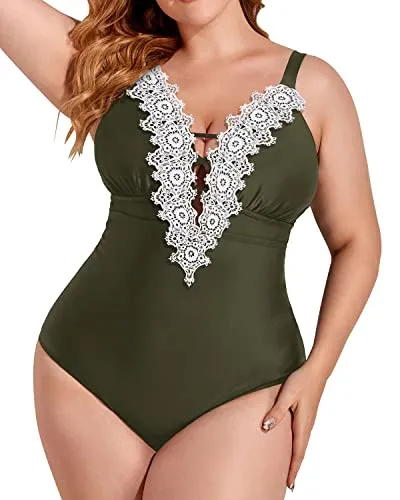 Plunging Lace Up Plus Size One Piece Swimsuits For Women-Army Green