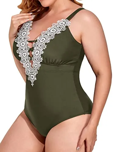 Plunging Lace Up Plus Size One Piece Swimsuits For Women-Army Green