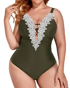 Plunging Lace Up Plus Size One Piece Swimsuits For Women-Army Green