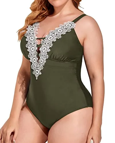 Plunging Lace Up Plus Size One Piece Swimsuits For Women-Army Green