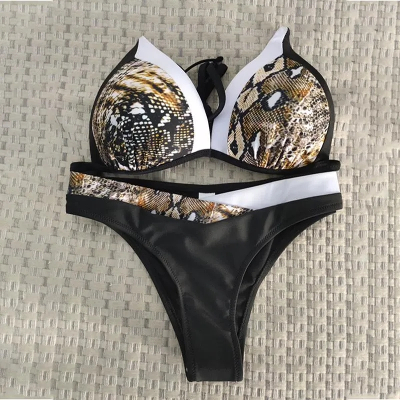 Plus Size Snakeskin Strappy Halter Thong Bottom Bikinis