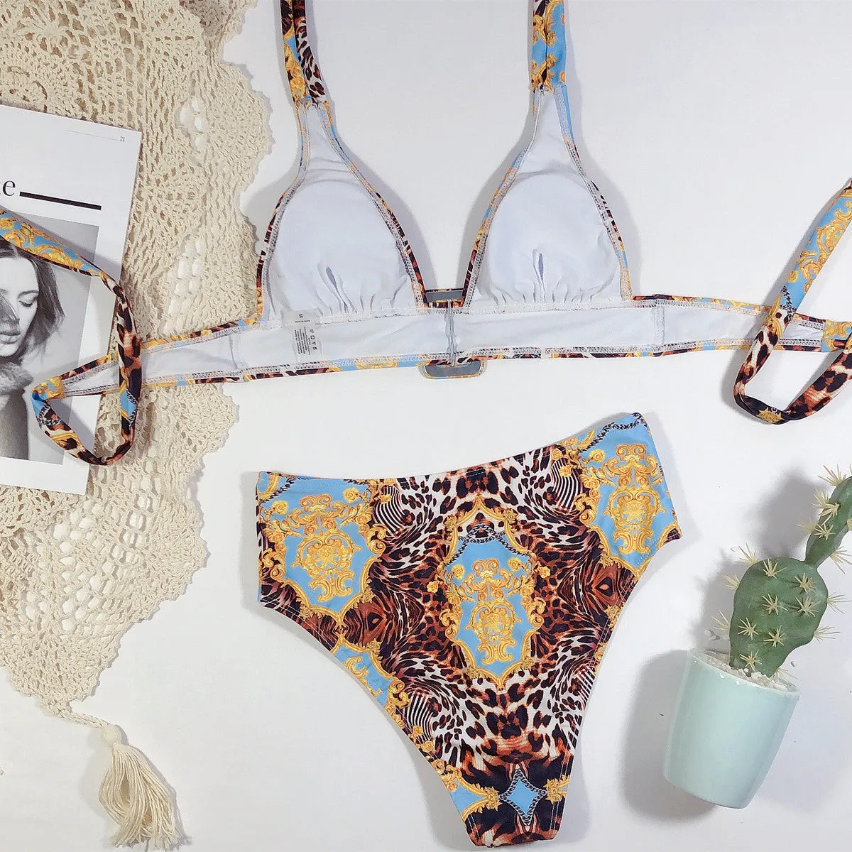 Print Halter Strappy High Rise Triangle Bikinis