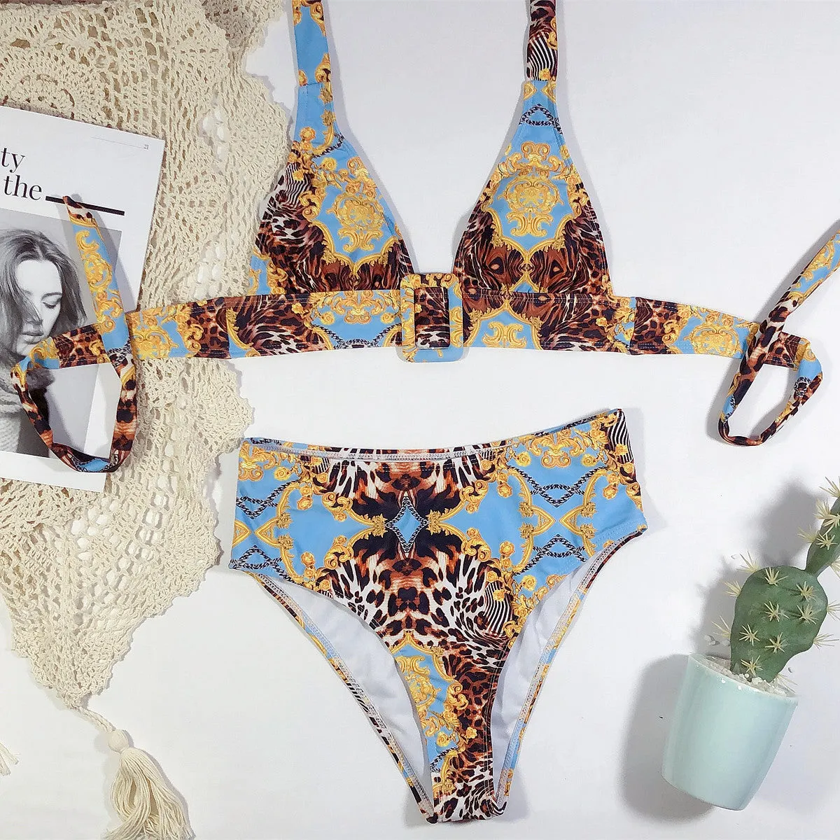Print Halter Strappy High Rise Triangle Bikinis