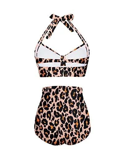 Push Up Halter Women's Sweetheart Neckline Pin Up Bikini Set-Brown Leopard