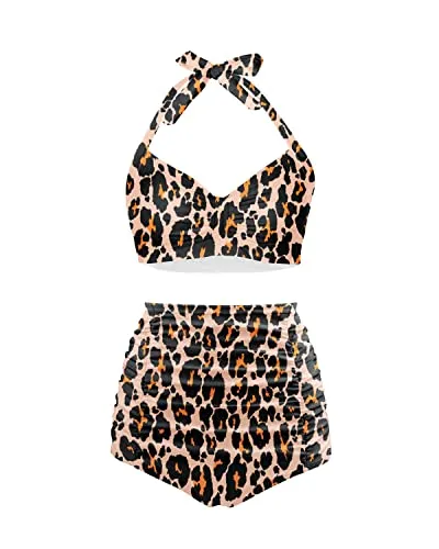 Push Up Halter Women's Sweetheart Neckline Pin Up Bikini Set-Brown Leopard