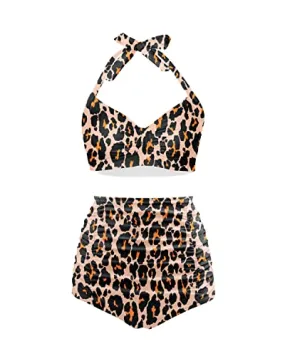 Push Up Halter Women's Sweetheart Neckline Pin Up Bikini Set-Brown Leopard