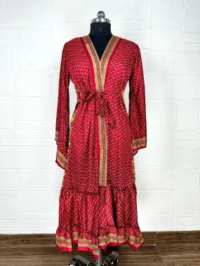 Recycle Boho House Robe Kimono Vintage Silk Sari Dressing Gown, Beach Coverup, Bridesmaid, Anniversary Gift Her | Floral Print Red