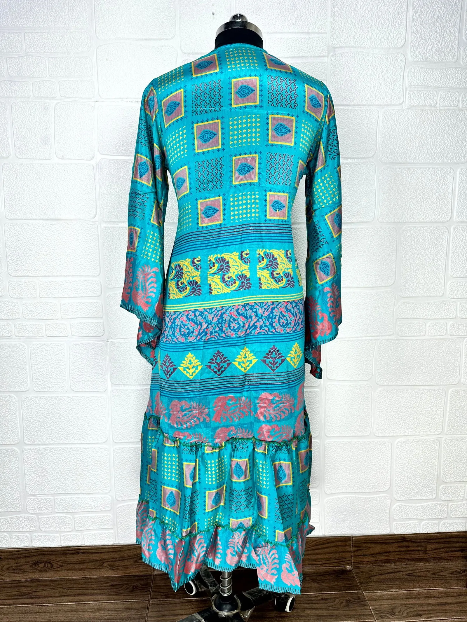 Recycle Boho House Robe Kimono Vintage Silk Sari Dressing Gown, Beach Coverup, Bridesmaid, Anniversary Gift Her | Geometric Print Blue