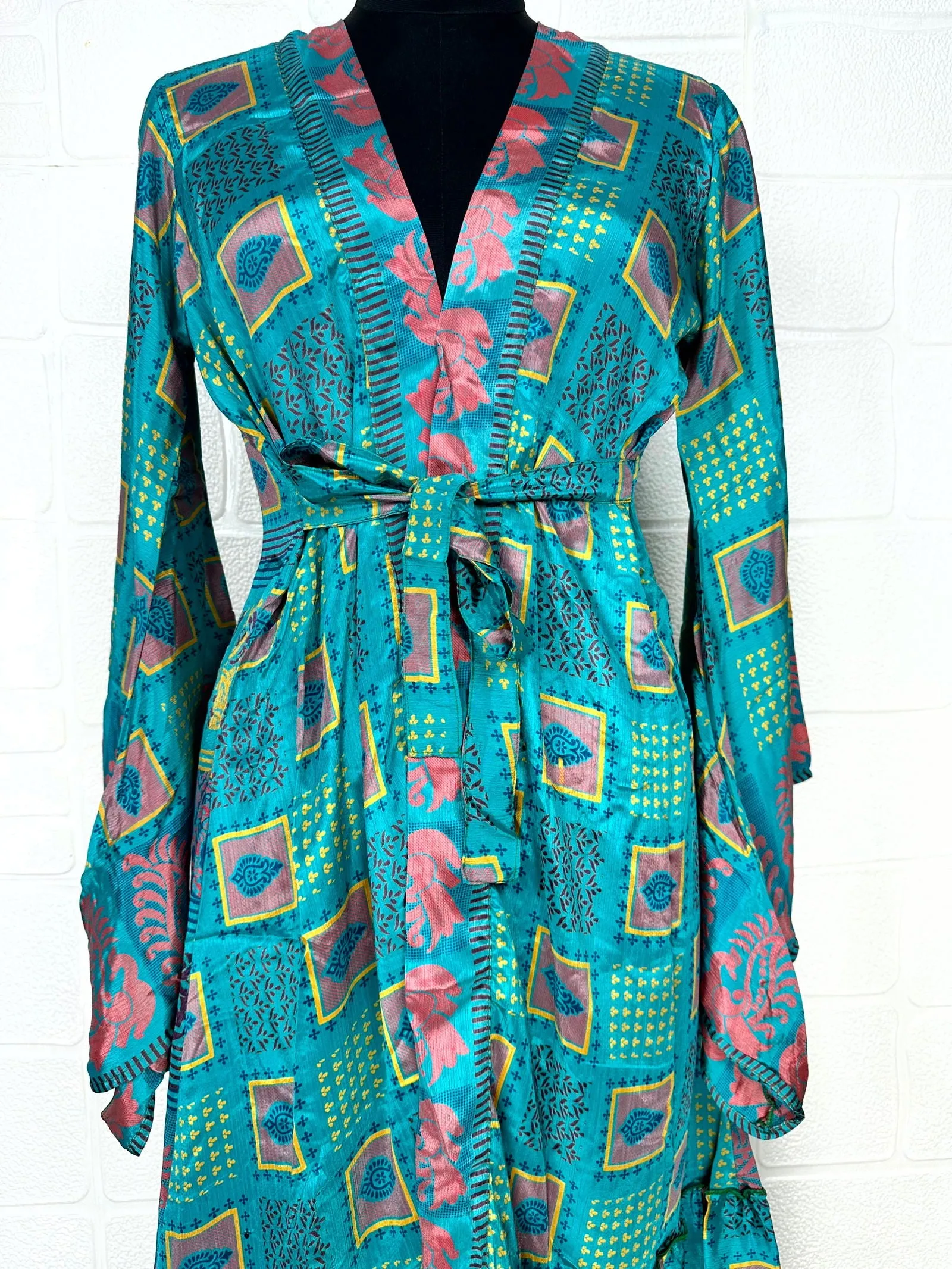 Recycle Boho House Robe Kimono Vintage Silk Sari Dressing Gown, Beach Coverup, Bridesmaid, Anniversary Gift Her | Geometric Print Blue