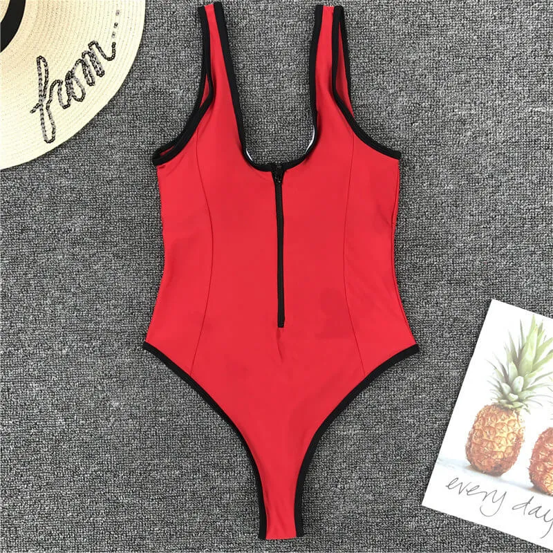 Red Zipper Low Back High Cut Swimsuits