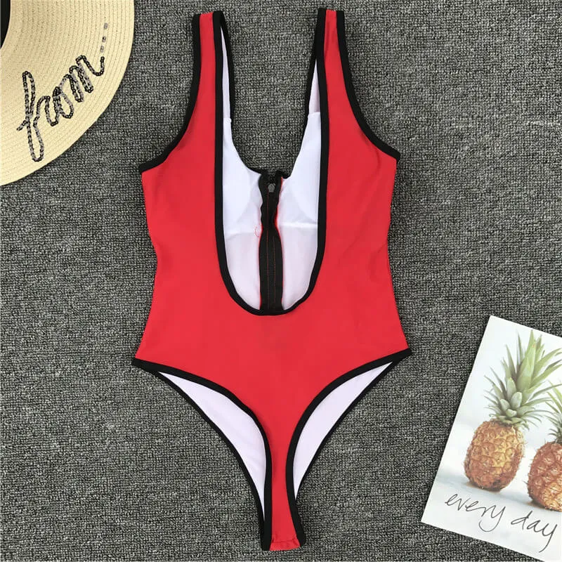 Red Zipper Low Back High Cut Swimsuits
