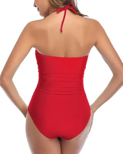 Removable Halter Straps Swimsuits Halter Backless One Piece Swimsuits-Red