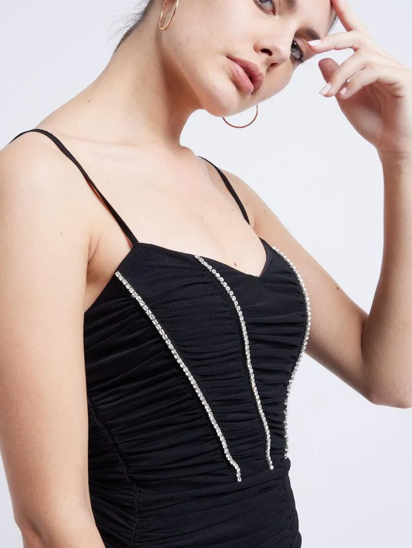 Robe noire effet corset strass