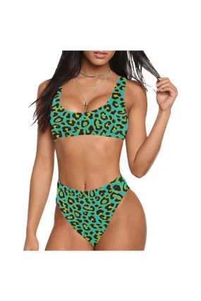 Robin's egg Blue Leopard Print Sport Top & High-Waist Bikini Swimsuit