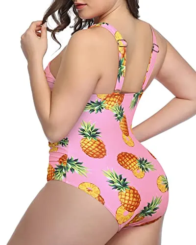 Ruched Waistband Front Cross Tummy Control One Piece Swimsuits-Pink Pineapple