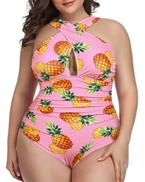 Ruched Waistband Front Cross Tummy Control One Piece Swimsuits-Pink Pineapple