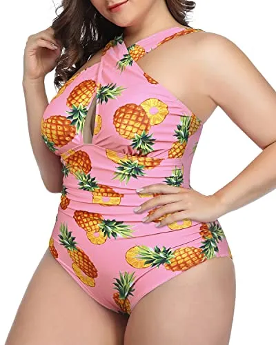 Ruched Waistband Front Cross Tummy Control One Piece Swimsuits-Pink Pineapple