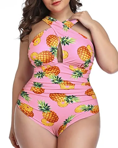 Ruched Waistband Front Cross Tummy Control One Piece Swimsuits-Pink Pineapple