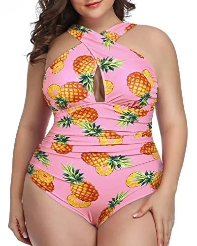 Ruched Waistband Front Cross Tummy Control One Piece Swimsuits-Pink Pineapple