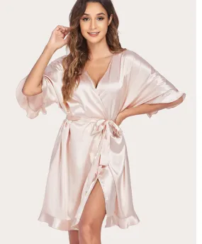 RUFFLE HALF SLEEVE SATIN ROBE
