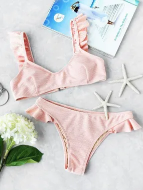 Ruffle Strap Textured Bikini Set