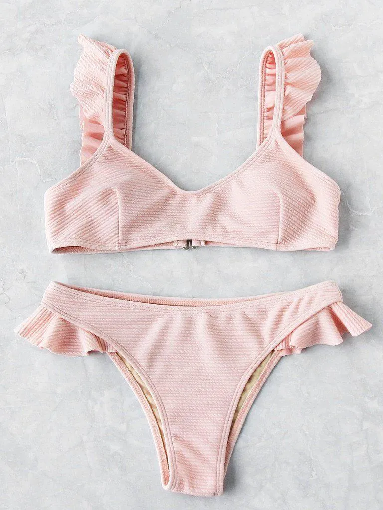 Ruffle Strap Textured Bikini Set