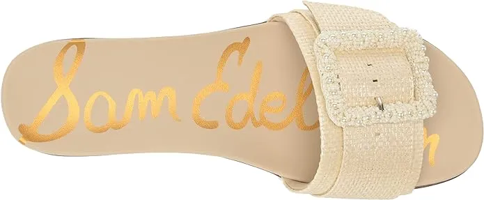 Sam Edelman Ariane Platinum Open Toe Buckle Accent Flat Leather Slides Sandals