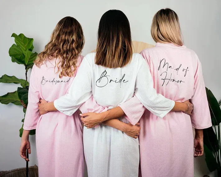 Set of 8 Custom Waffled Knit Wedding Cotton robes for Bachelorette Party - Vinyl Alfresco