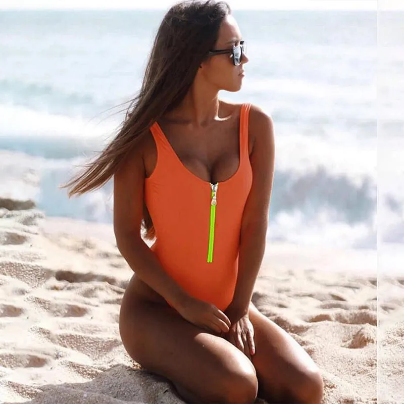 Sexy High Cut Slimming Zipper Plain Swimsuits
