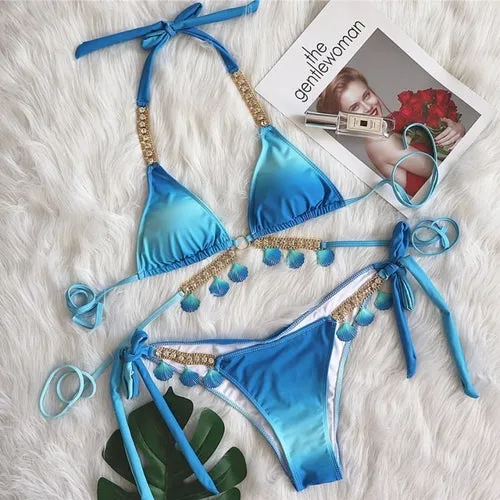 Sexy Shell Diamond Bikini Halter Push Up Swimwear Women Swimsuit
