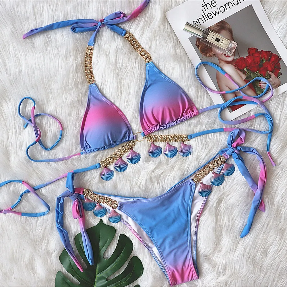 Sexy Shell Diamond Bikini Halter Push Up Swimwear Women Swimsuit