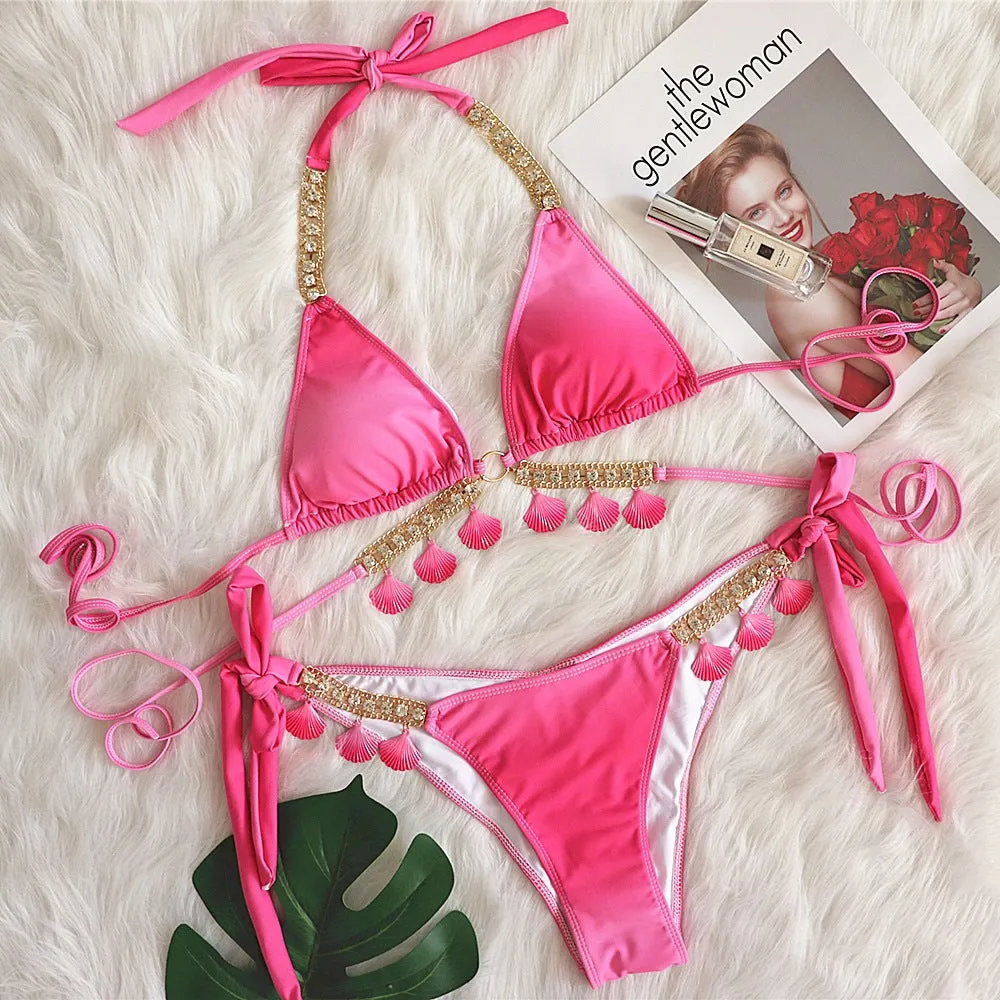 Sexy Shell Diamond Bikini Halter Push Up Swimwear Women Swimsuit